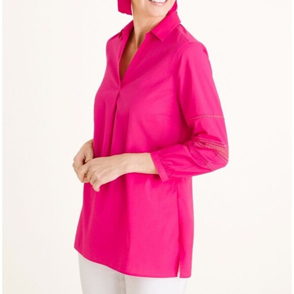 Chico's No-Iron Pop-Over Top Size 3 XL 16/18 Cotton Stretch Ladder Sleeve V-Neck - Picture 1 of 8